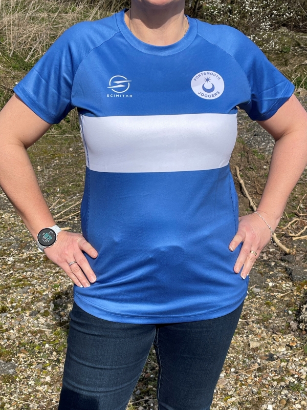 Blue and White Ladies Club T-Shirt (as viewed front)